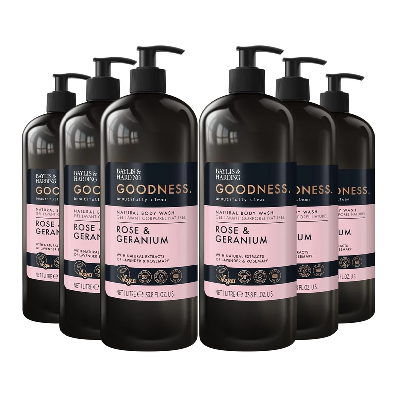 Baylis & Harding Goodness Rose & Geranium Natural Body Wash 1 Litre (Pack of 6) - Vegan Friendly