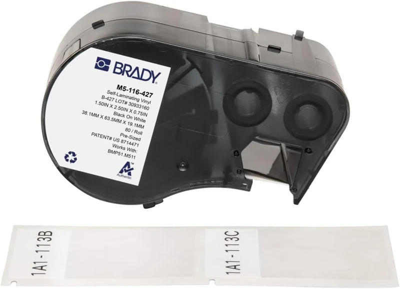 Brady Self-Laminating Vinyl Labels for Label Printer M510 & M511 - Self Adhesive Vinyl Printer Labels - Cable Management - Black on White (38.10 mm x 19.05 mm) - M5-116-427