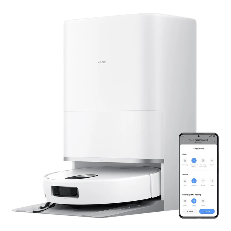 XIAOMI Robot Vacuum 5: 20000Pa suction, lifting dToF navigation, 8.8cm slim body, dual arms for edge sweep/mop, 80°C self-cleaning, anti-tangle hair system