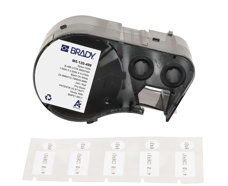 Brady Nylon Cloth Pre-Sized Labels for BMP51/BMP53/M511-240 Label Printer – Self-Adhesive, Waterproof, Black on White Tape Labels – 25.4 x 12.7mm & 9.53mm ⌀ – M5-120-499