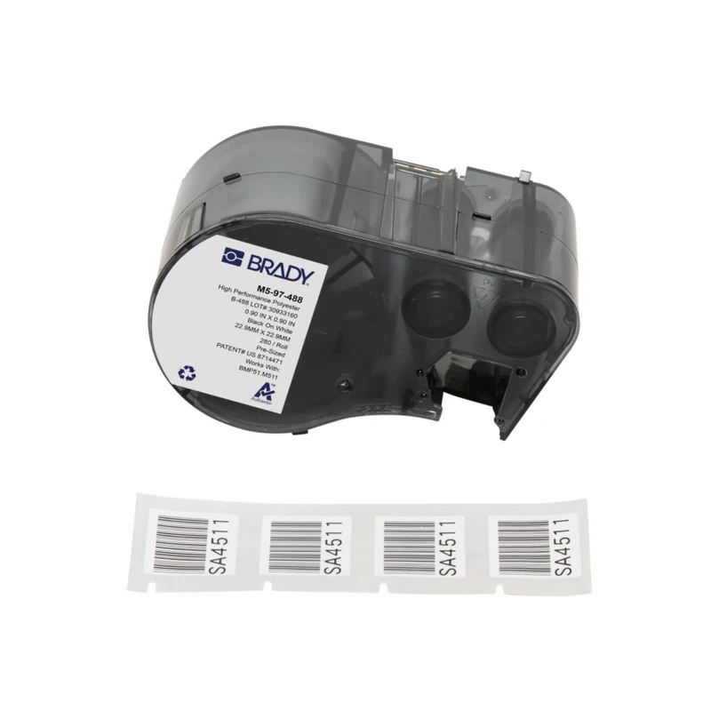 Brady Polyester Label Tape for Label Printers M510 & M511 – Panel Component and General Identification Labels – Black on White (22.86 mm x 22.86 mm) – M5-97-488