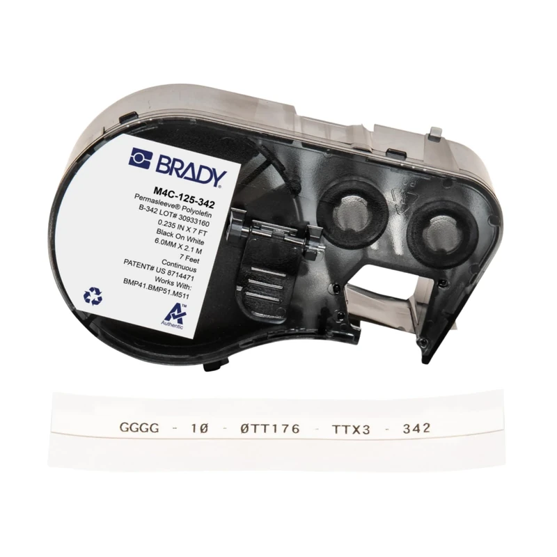 Brady PermaSleeve Heat-Shrink Polyolefin Label Tape for Label Printers M410, M510, M511 - Electrical Labelling, Wire and Cable Labelling - Black on White (6 mm x 2.10 m) - M4C-125-342