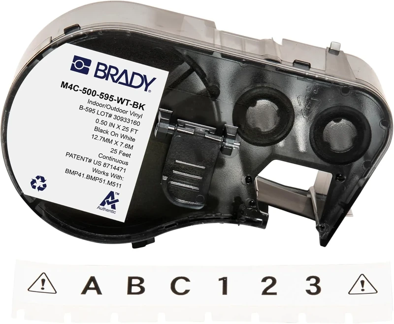 Brady Vinyl Label Tape for Label Printer BMP41/BMP51/BMP53/M511 - Self Adhesive Printer Labels - Black on White (12,70 mm (W) x 7,62 m (L)) - M4C-500-595-WT-BK