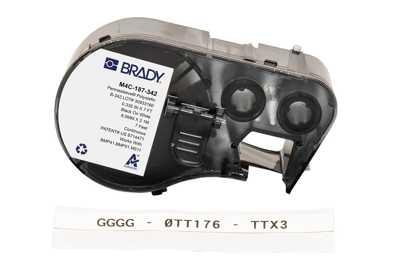 Brady PermaSleeve Heat-Shrink Polyolefin Label Tape for Label Printers M410, M510, M511 - Electrical Labelling, Wire and Cable Labelling - Black on White (8.50 mm x 2.10 m) - M4C-187-342
