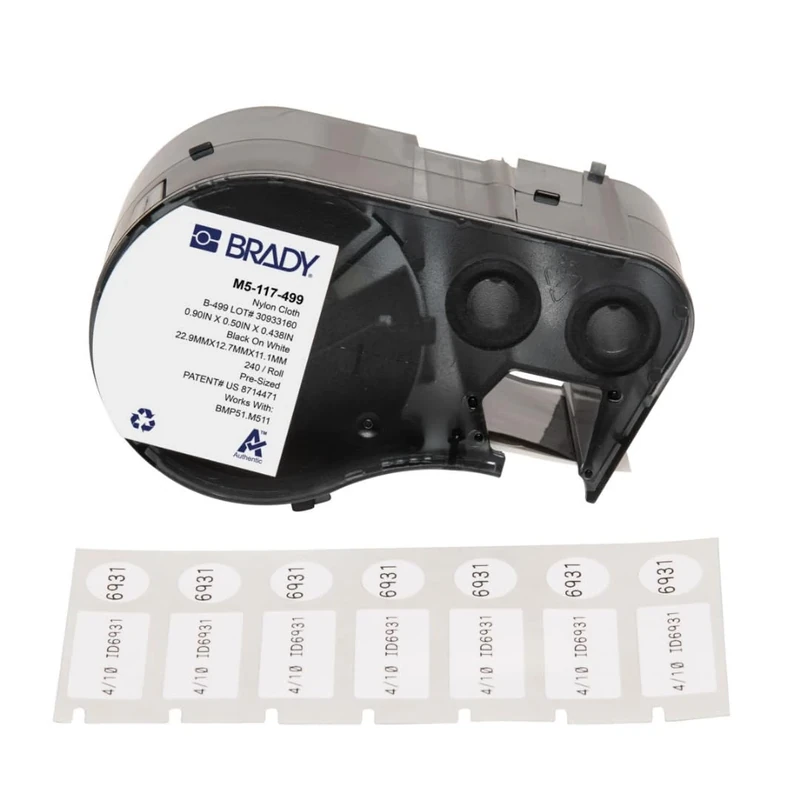Brady Nylon Cloth Pre-Sized Labels for BMP51, BMP53 & M511 Label Printers – Self-Adhesive Waterproof Tape, Black on White, 22.86mm x 12.70mm + 11.18mm Diameter – Model M5-117-499