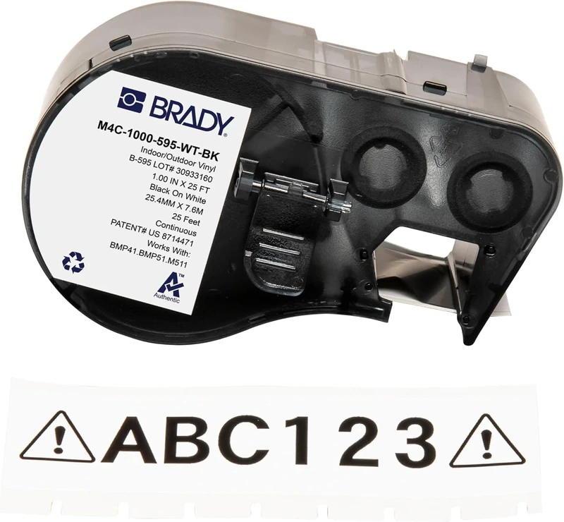 Brady Vinyl Label Tape for Label Printer BMP41/BMP51/BMP53/M511 - Self Adhesive Printer Labels - Black on White (25,40 mm (W) x 7,62 m (L)) - M4C-1000-595-WT-BK