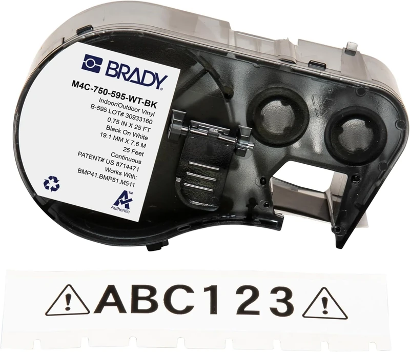 Brady Vinyl Label Tape for Label Printer BMP41/BMP51/BMP53/M511 - Self Adhesive Printer Labels - Black on White (19,05 mm (W) x 7,62 m (L)) - M4C-750-595-WT-BK