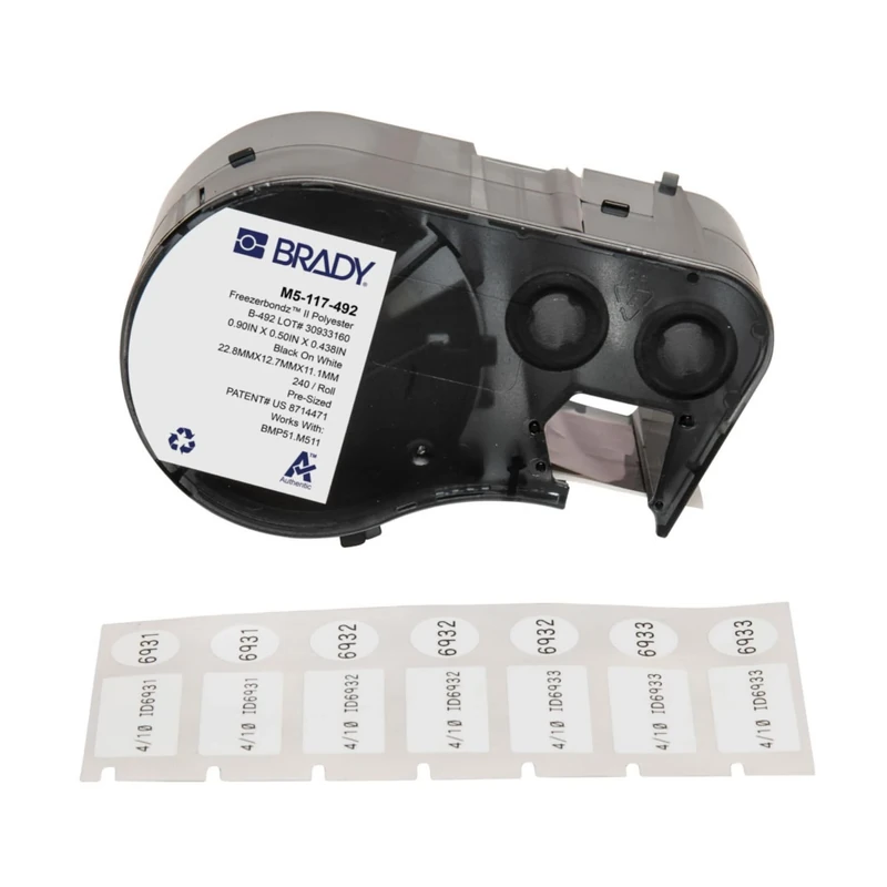 Brady FreezerBondz™ Polyester Pre-Sized Labels for Label Printer BMP51/BMP53/M511-240 Self Adhesive Printer Labels - Black on White (22,86 mm (W) x 12,70 mm (H) x 11,18 mm (Dia)) - M5-117-492