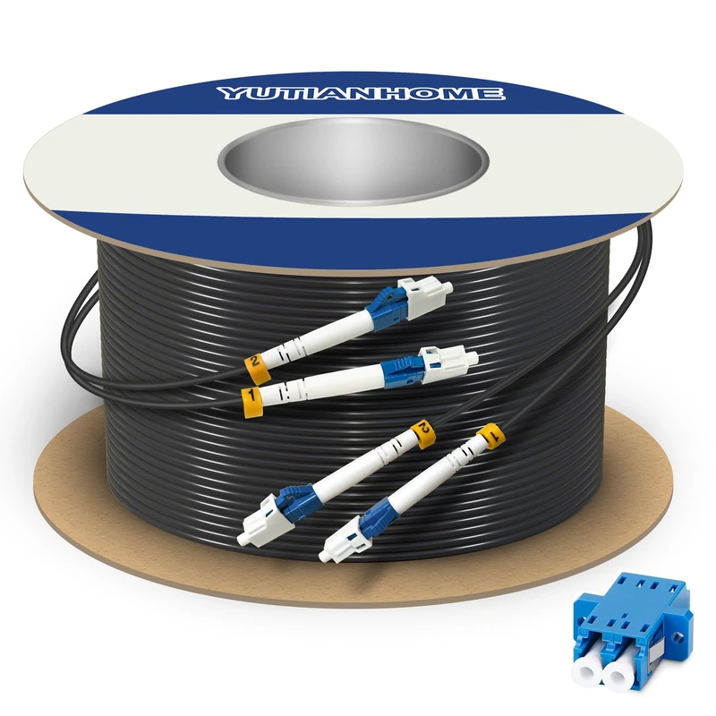 YUTIANHOME 250ft/75m LC to LC Armored Outdoor Fiber Optic Cable, Single Mode Duplex Fiber Patch Cable, 9/125um LC Fiber Jumper, (OS1/OS2 Compatible), Low Friction LSZH, Black