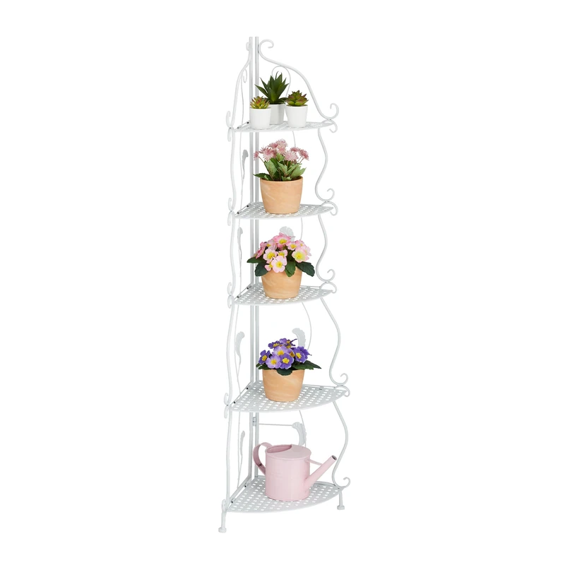 Relaxdays Corner Shelf, Metal, 5 Compartments, Flower, Plant Stand, Foldable, HxWxD: 136 x 30 x 30 cm, Vintage, White, Steel