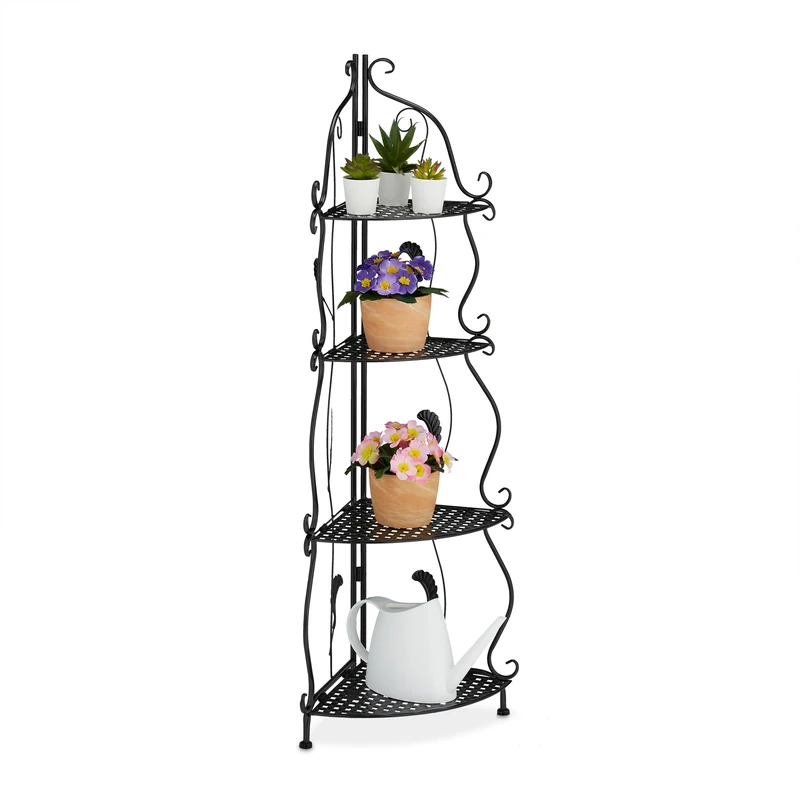 Relaxdays Corner Shelf Metal, 4 Levels, HWD: 113 x 30 x 30 cm, Plant Rack Free-Standing, Foldable, Vintage Look, Black, Steel
