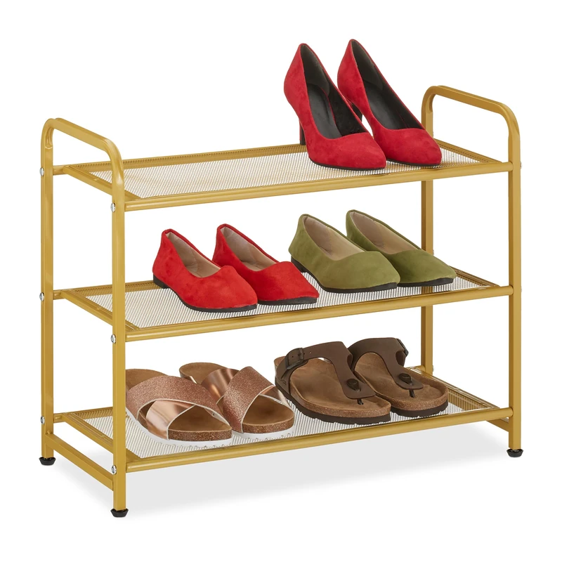 Relaxdays Rack, Organiser with 3 Levels, 6 Pairs of Shoes, HWD: 48 x 60 x 25 cm, Metal, Hallway Storage, Gold, Steel