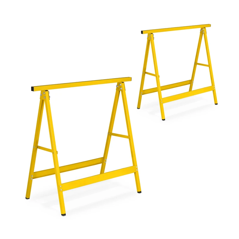 Relaxdays Set of 2 Sawhorses, Folding, 100 kg, HWD: 74 x 78 x 40 cm, Multipurpose Workbench, Wallpapering, Metal, Yellow