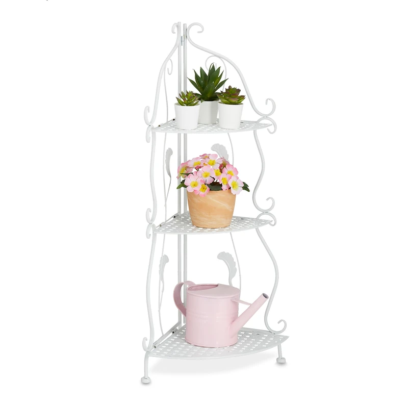 Relaxdays Corner Shelf, Metal, 3 Compartments, Flower, Plant Stand, Foldable, HxWxD: 82.5 x 30 x 30 cm, Vintage, White, Steel