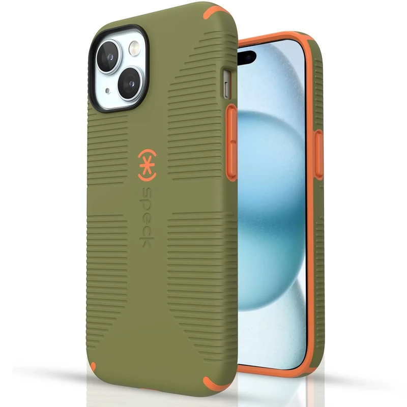 Speck iPhone 15 Plus Case - Built for MagSafe, Drop Protection Grip – for iPhone 15 Plus iPhone 14 Plus - Scratch Resistant, Soft Touch, 6.7 Inch Phone Case - CandyShell Grip Bush Green/Pumpkin Pie
