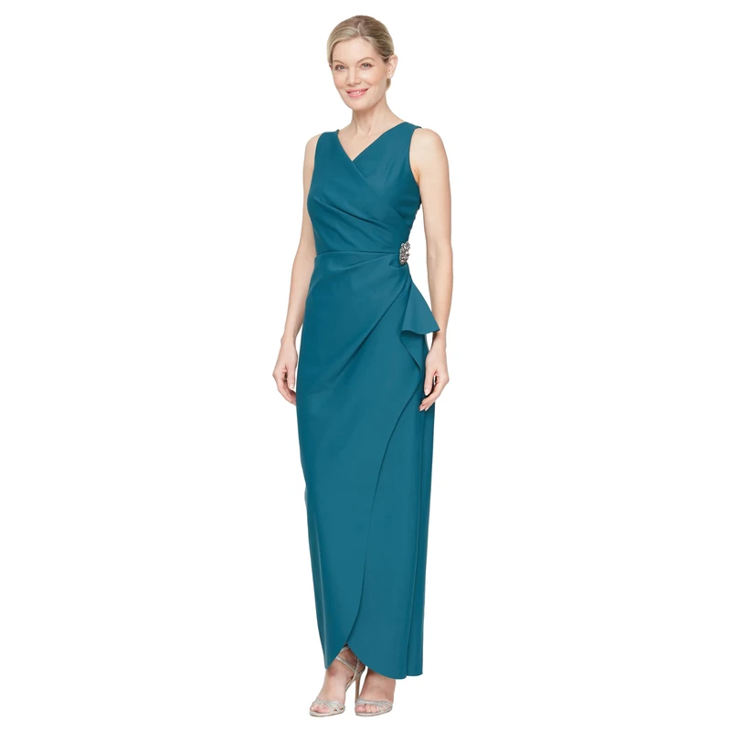 Alex Evenings Women's Slimming Long Side Ruched Dress with Cascade Ruffle Skirt Special Occasion, Deep Teal, 16