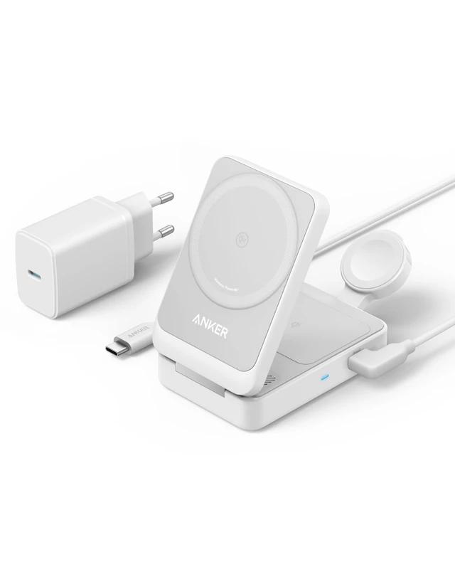 Anker MagGo Cargador Inalámbrico iphone 3 en 1, Soporte de Carga 15 W Certificado Qi2, iPhone 15/14/13, AirPods, Apple Watch 9 (Enchufe Incluido)