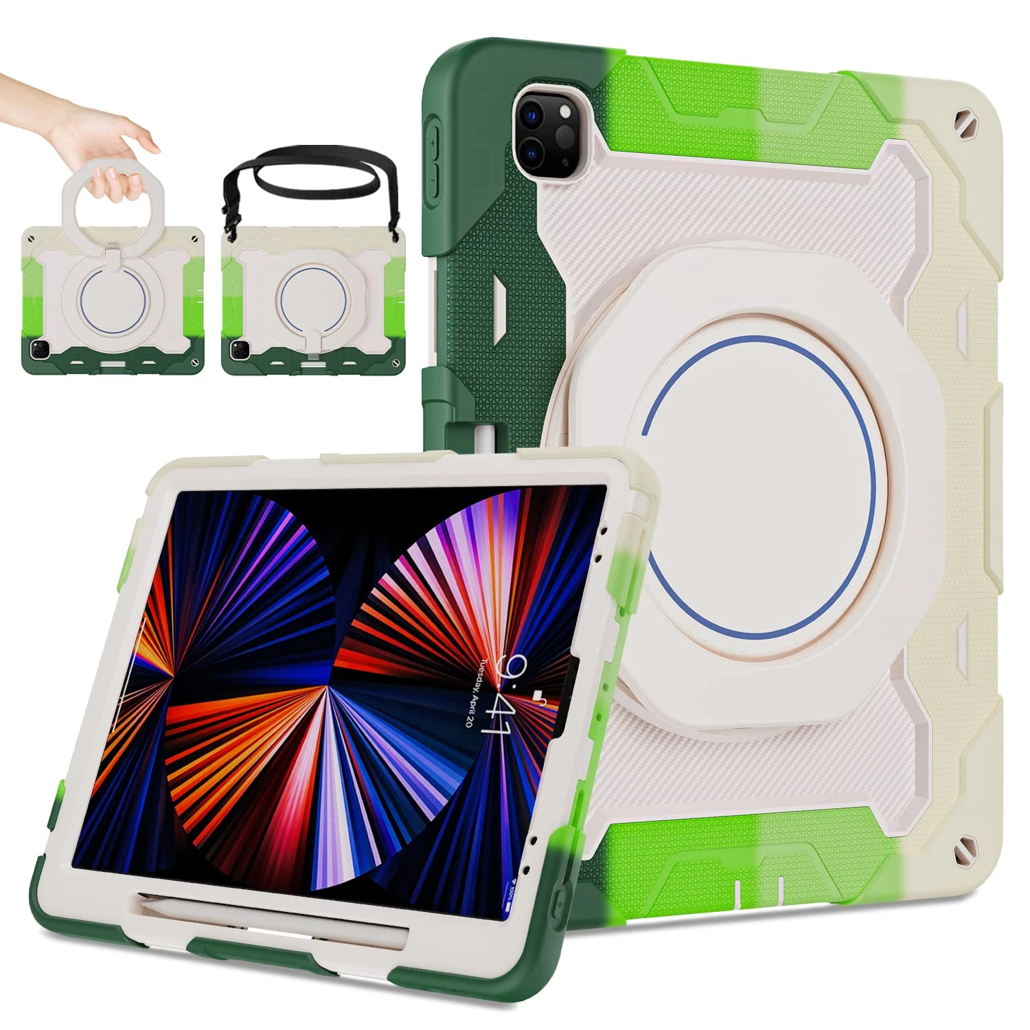 ROISKIN for iPad Pro 12.9 Case 6th/5th/4th/3rd Generation (2022/2021/2020/2018),Military Protective Cover for 12.9 inch with Screen Protector & Pencil Holder & Rotating Stand & Shoulder Strap,Green