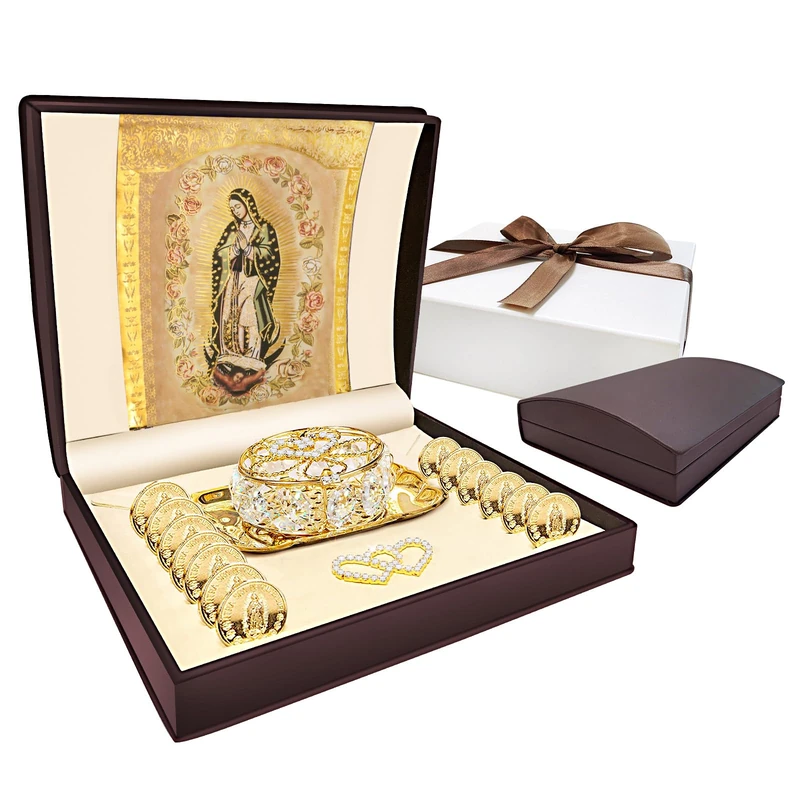 ESNOY Classic Gold Catholic Wedding Arras Set, 13 Coins, Our Lady of Guadalupe Design, Includes Case & Gift Box, 6.7 x 5.5 x 2 inches - Image 1