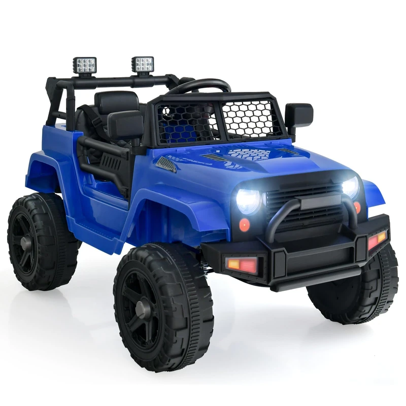 GYMAX Kids Ride on Car, 12V Battery Powered Car with Remote Control, MP3, USB/Aux Port, Lights, Music, Horn, Spring Suspension, Safety Belt&Slow Start, Children Electric Truck for 3 Years Old +(Blue)