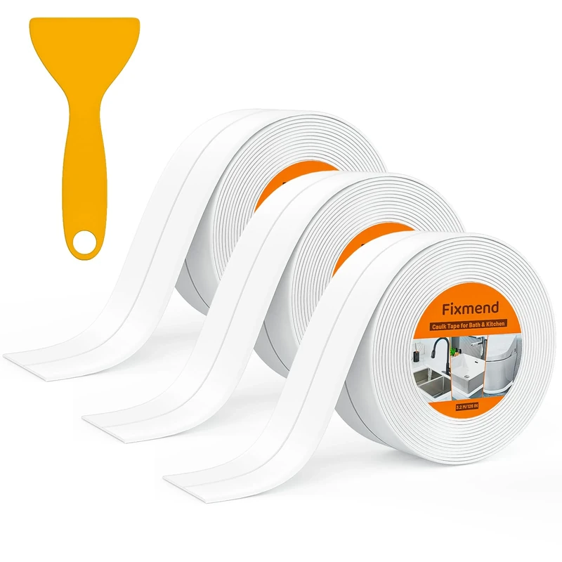 Fixmend 3 Rolls Bath Sealant Strip, Bathroom Sealant Tape Self Adhesive, Waterproof Caulk Strip for Bathroom, Kitchen, Bathtub, Toilet, Wall Floor, with Sealing Tool (126in, White)