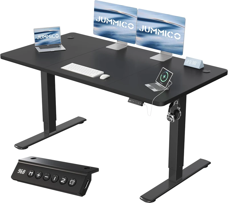 JUMMICO 140x60cm Electric Standing Desk with USB Charging Height Adjustable Desk with Sedentary Reminder Stand Up Desk with Splice Board for Home Office,Black