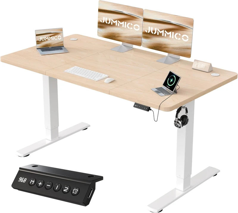 JUMMICO 140x60cm Electric Standing Desk with USB Charging Height Adjustable Desk with Sedentary Reminder Stand Up Desk with Splice Board for Home Office,Beige