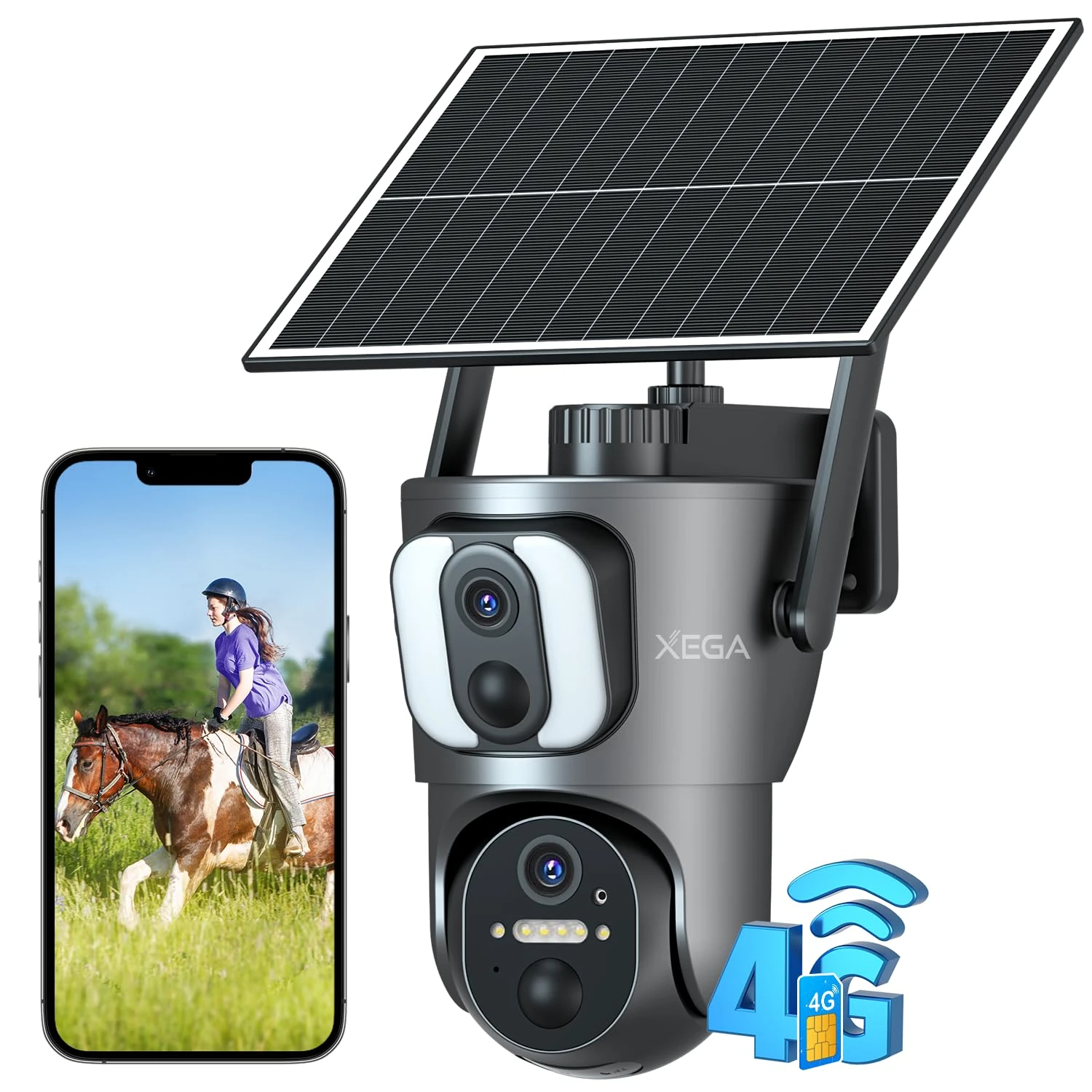 Xega 4GDual Lens Security Camera Outdoor With SIM Card, 14400mAh Solar Powered Wireless No WiFi Cam, 2K HD PTZ CCTV With Human Detection Spotlight Siren Alert TF Cloud Storage (Not Support WiFi)