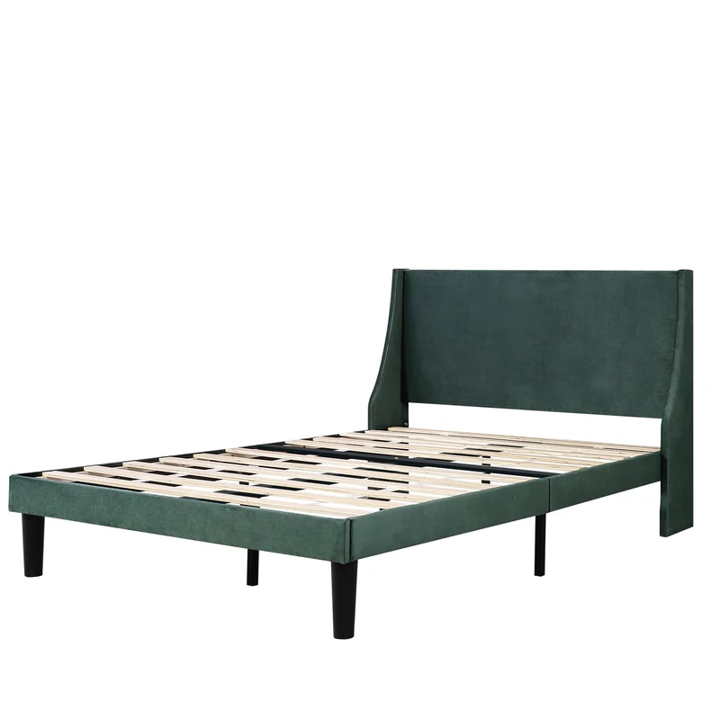 Merax Double Bed Frames | 4FT6 Upholstered Bed | Winged Headboard | Velvet Green 190 x 135 cm