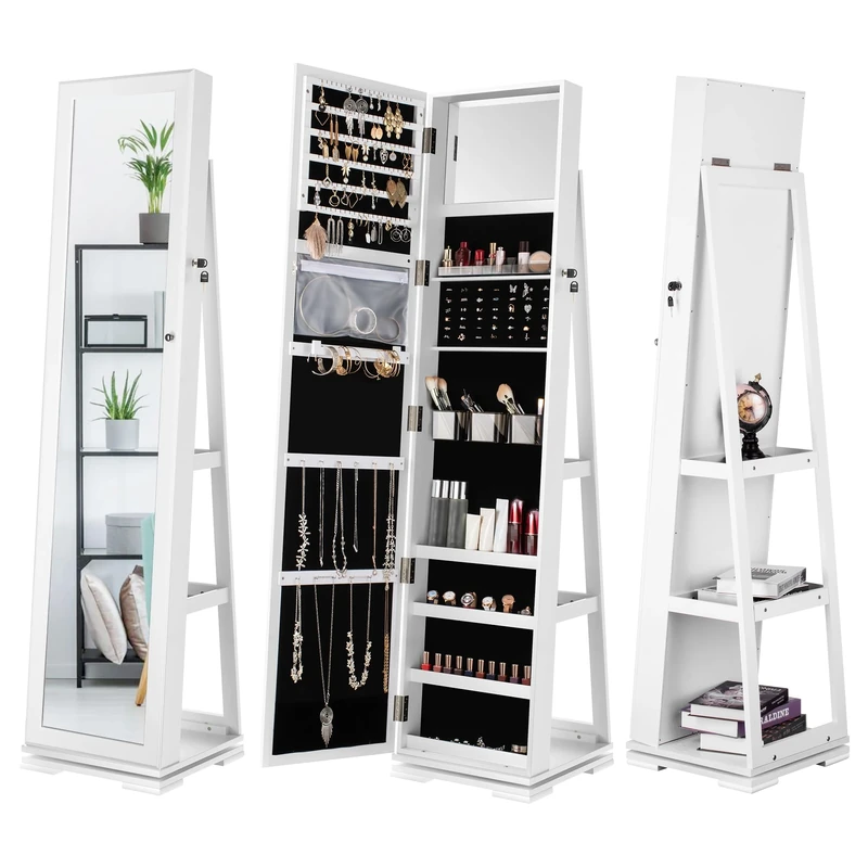 YITAHOME 360° Swivel Jewelry Cabinet, 3 in 1 Lockable Jewelry Armoire with Standing Mirror Full Length, Large Jewelry Organizer Shelves for Cosmetics (White Rotating Mirror)