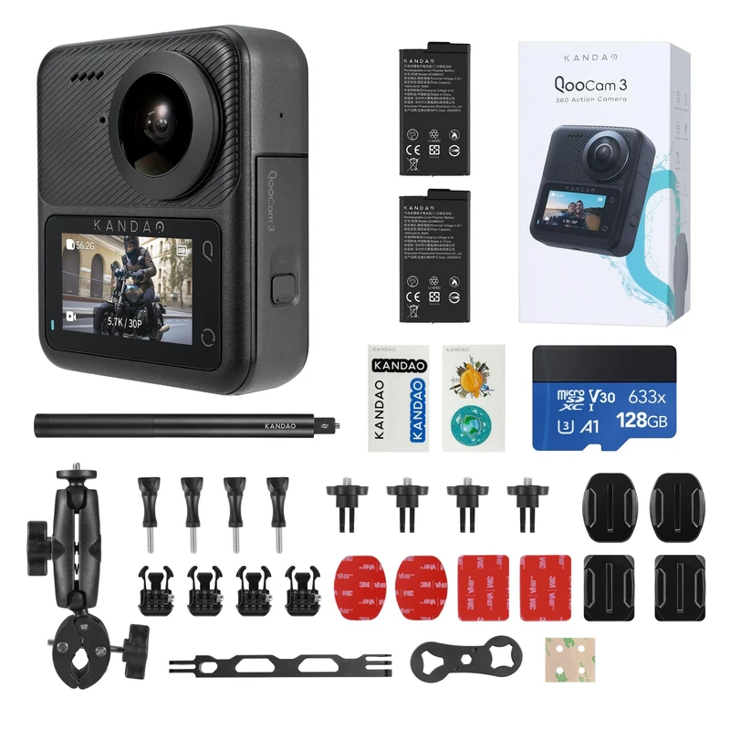 KanDao QooCam 3 Action Camera, Motorcycle Combo, 5.7K 62MP Photo 60fps Flawless 360 Video Camera, Dual Sensors 1/1.55" Best for Recording Vlog Camera, Waterproof Super Steady Stabilization,