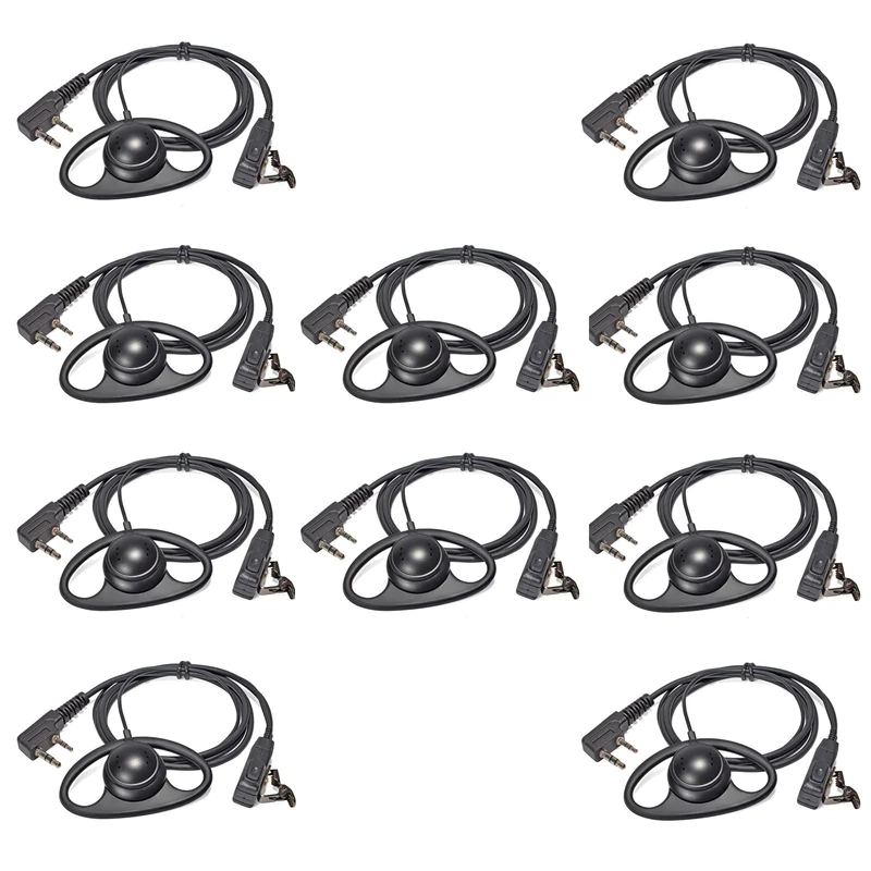 HYSHIKRA D-Shape Walkie Talkie Earpiece with Mic Headset Compatible with Baofeng UV-5R UV-5RA 888S Kenwood HYT 2 Pin Two Way Radio (10 Pack)