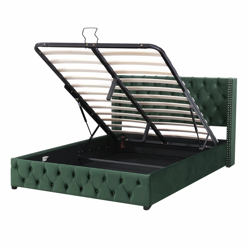 Merax Double Bed Frames | Ottoman Upholstered Bed Hydraulic Lifting Under Bed Storage | Velvet Green 135 x 190 cm