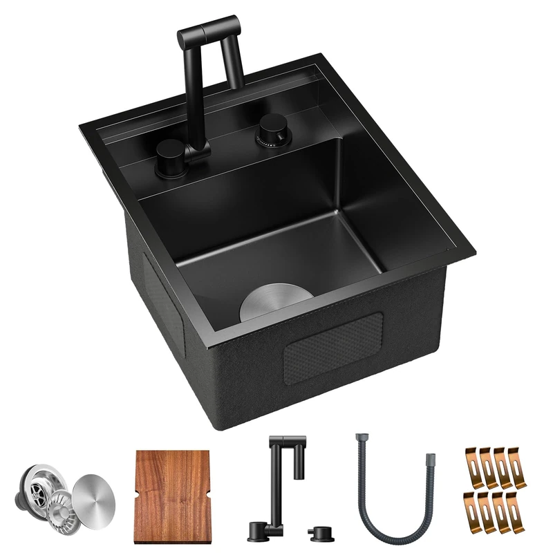 TORVA RV Kitchen Sink, 15 x 18 x 9 Inch Undermount Bar Sink,16 Gauge Stainless Steel Single Bowl Workstation Sink with Faucet,Cutting Board-Dark Gray