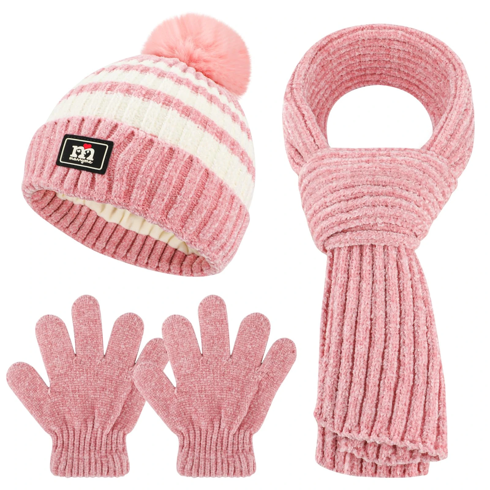 QKURT Children Beanie Hat Scarf Glove Set, Kids Winter Warm Knitted Set Stripe Thermal Cap with Pom Hairball Neck Warmer Gloves Soft Hat Scarf Mitten for 5-12 Years Old