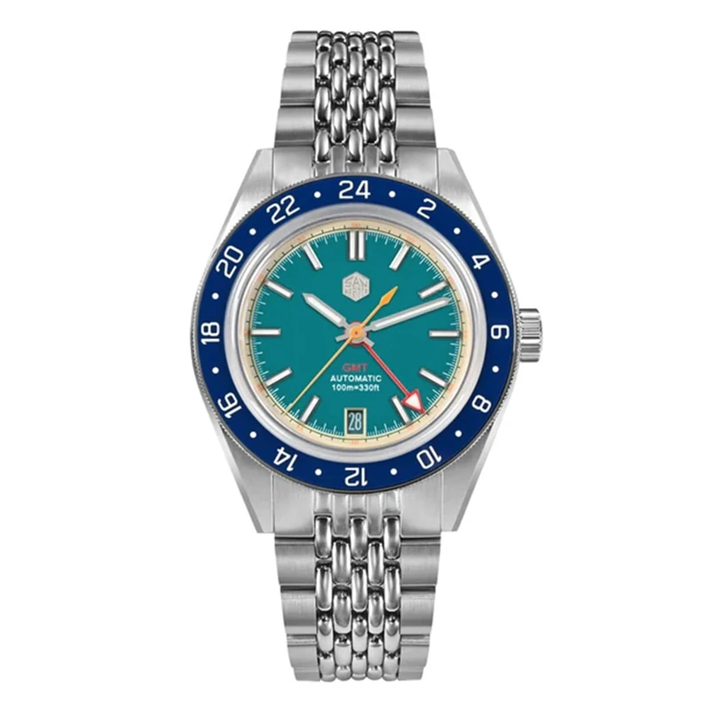 TACTICAL FROG San Martin Men Dive Watch, SN0116G NH34 GMT Watch Mechanical Sapphire Mirror Full Luminous 10ATM Waterproof Wristwatch, 39.5MM Stainless Steel (Blue)