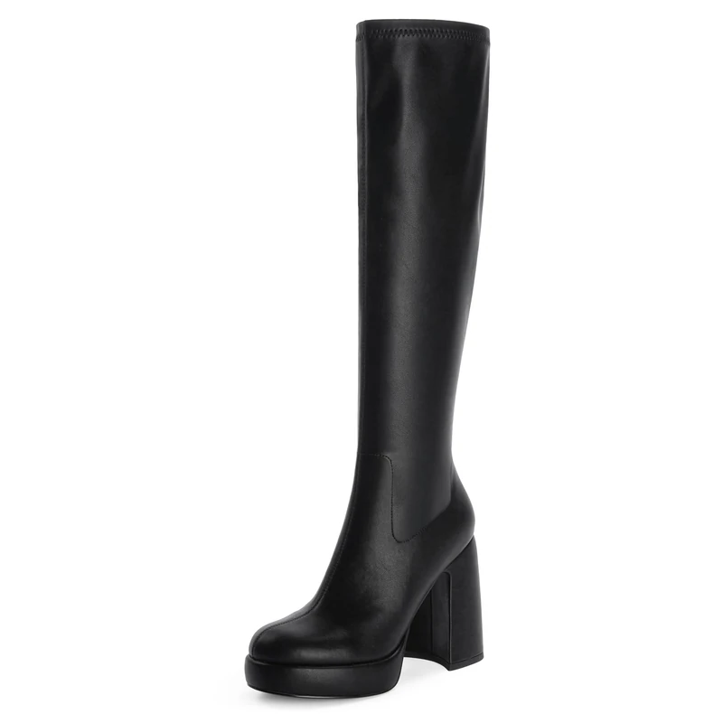 Modatope Platform Knee High Boots for Women Chunky Heel Rounded Toe Womens Knee High Boots Side Zipper Tall Boots, A-black, 6 UK
