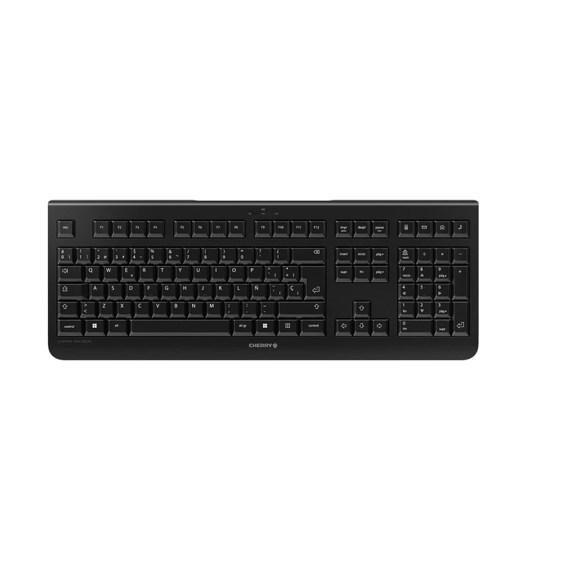 CHERRY KW 3000, Wireless Keyboard with Numeric Keypad, Spanish Layout (QWERTY), 2.4 GHz RF, Low-Noise Keys, Flat Design, Battery-Operated, Black