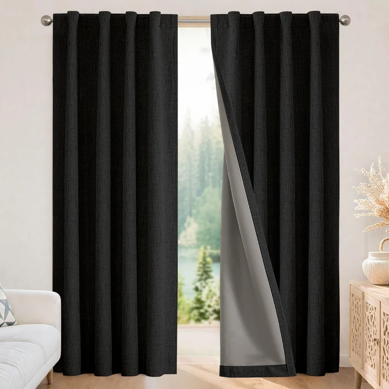 Joydeco 100% Blackout Curtains 72 inches Long Black Curtains Linen Drapes 2 Panels Set Burg for Bedroom Living Room Black Out Darkening Curtain Thermal Insulated Back tab Rod Pocket(37x72inch,Black)