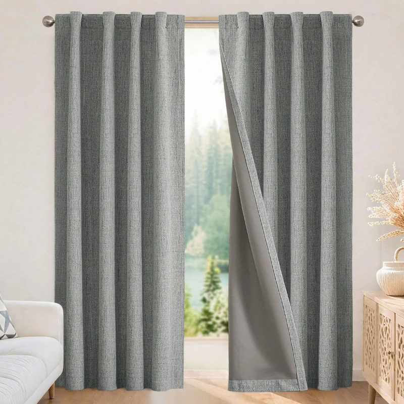 Joydeco 100% Black Out Curtains 96 inch Long 2 Panels Burg Natural Blackout Linen Drapes for Bedroom Living Room Darkening Curtain Thermal Insulated Back tab Rod Pocket(37x96inch,Light Grey)