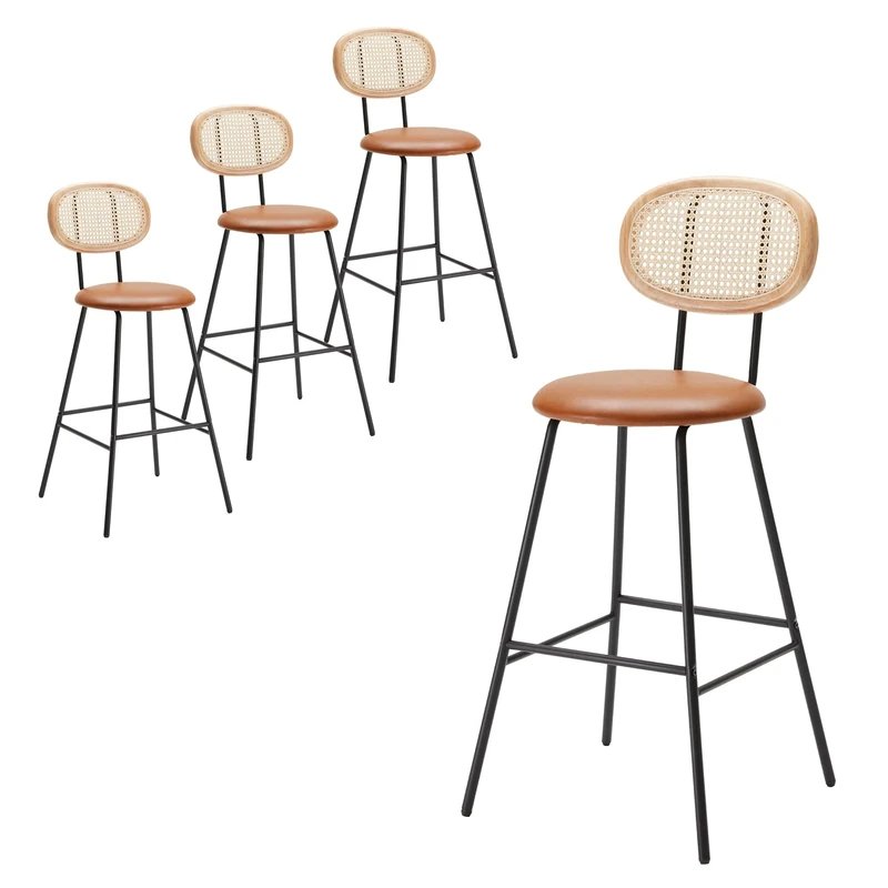 Farini Bar Stools Set of 4, Handwoven Rattan Back Industrial Modern Counter Height Dining Chairs with Faux Leather Seats