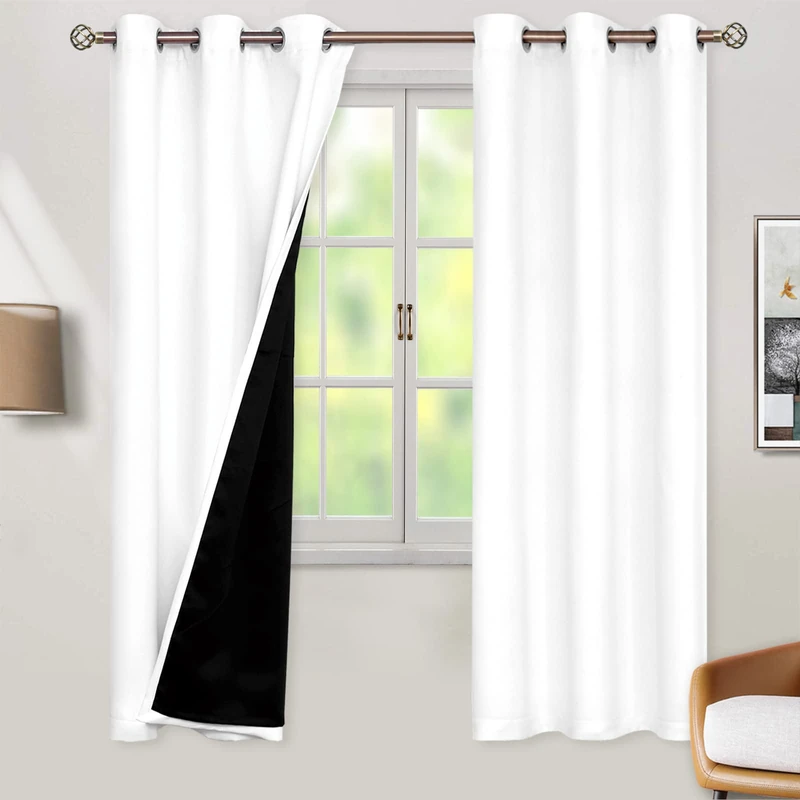 BGment Thermal Insulated 100% Blackout Curtains for Bedroom with Black Liner, Double Layer Full Room Darkening Noise Reducing Grommet Curtain (42 x 72 Inch, Pure White, 2 Panels)