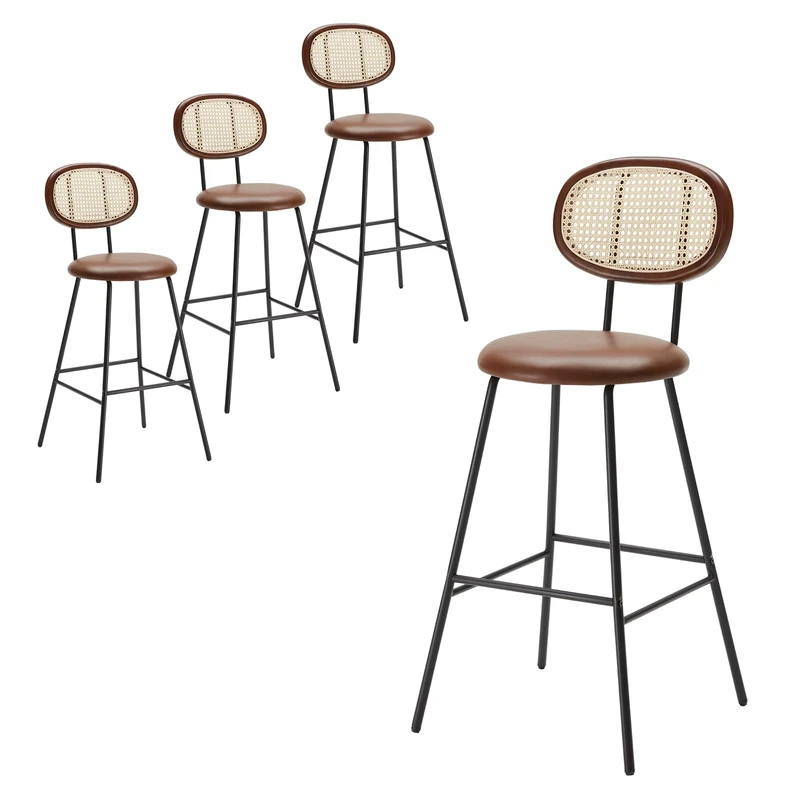 Farini Bar Stools Set of 4, Handwoven Rattan Back Industrial Modern Counter Height Dining Chairs with Faux Leather Seats