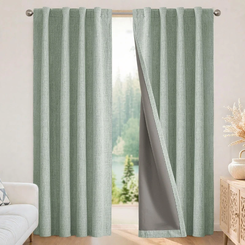 Joydeco 100% Black Out Curtains 72 inch Long 2 Panels Burg Natural Blackout Linen Drapes for Bedroom Living Room Darkening Curtain Thermal Insulated Back tab Rod Pocket(37x72 inch,Sage Green)