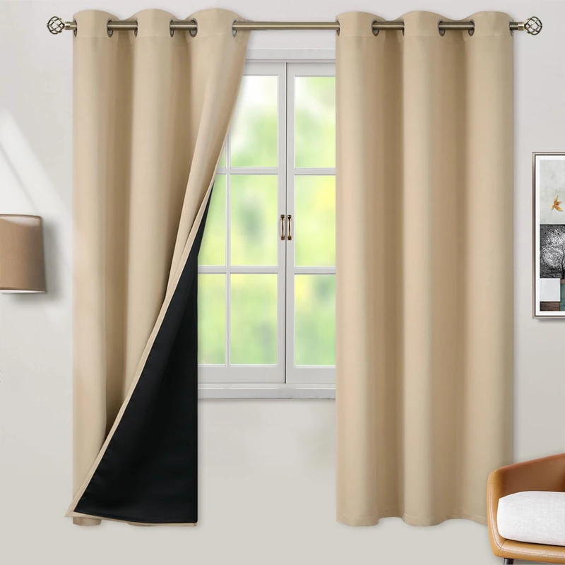 BGment Thermal Insulated 100% Blackout Curtains for Bedroom with Black Liner, Double Layer Full Room Darkening Noise Reducing Grommet Curtain (42 x 72 Inch, Beige, 2 Panels)