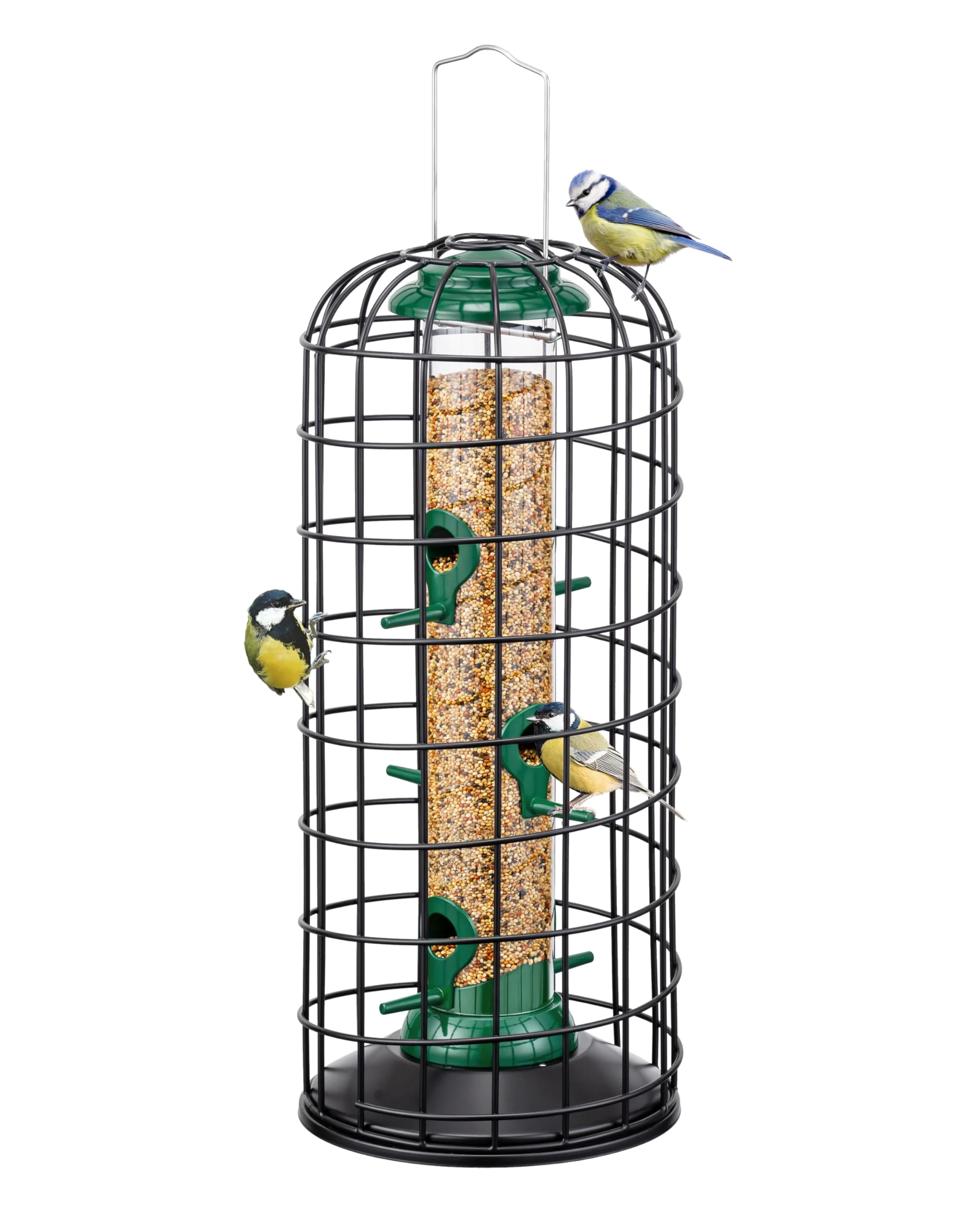 iBorn Squirrel Proof Bird Feeder Pigeon Proof Cage Bird Feeder for Outside with Squirrel, Pestoff Hanging Wild Bird Seed Feeder for Mix Seed Blends, Heavy Duty All Metal Green 14 Inch