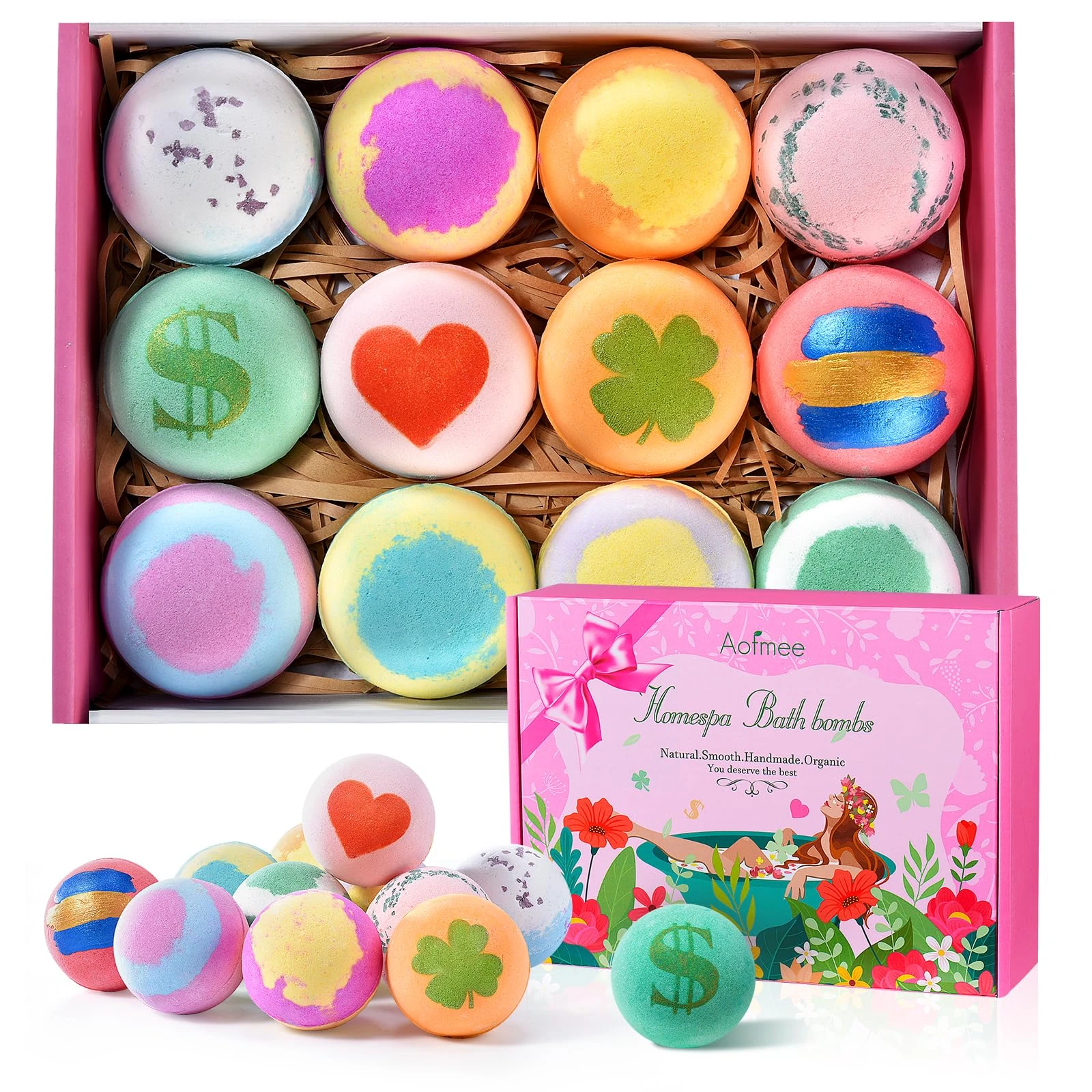 Bath Bombs, Aofmee Bath Bomb for Women Gifts, 12pcs Bath Bombs for Kids, Handmade Bathbombs with Essential Oils, Ideal Christmas Birthday Anniversary Valentines Mothers Day