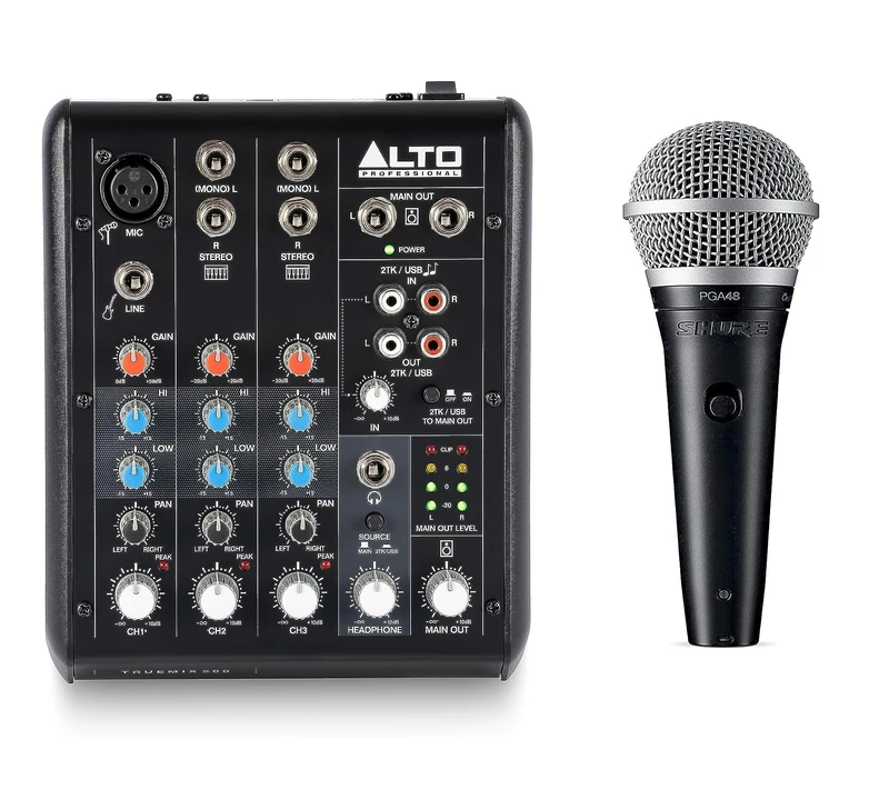 Shure PGA48 Dynamic Microphone for Vocals with Cardioid Pick-up Pattern, Discrete On/Off Switch, 15' XLR-to-XLR Cable and Alto TrueMix 500-5-In Audio Mixer with XLR Mic In and USB Audio Interface
