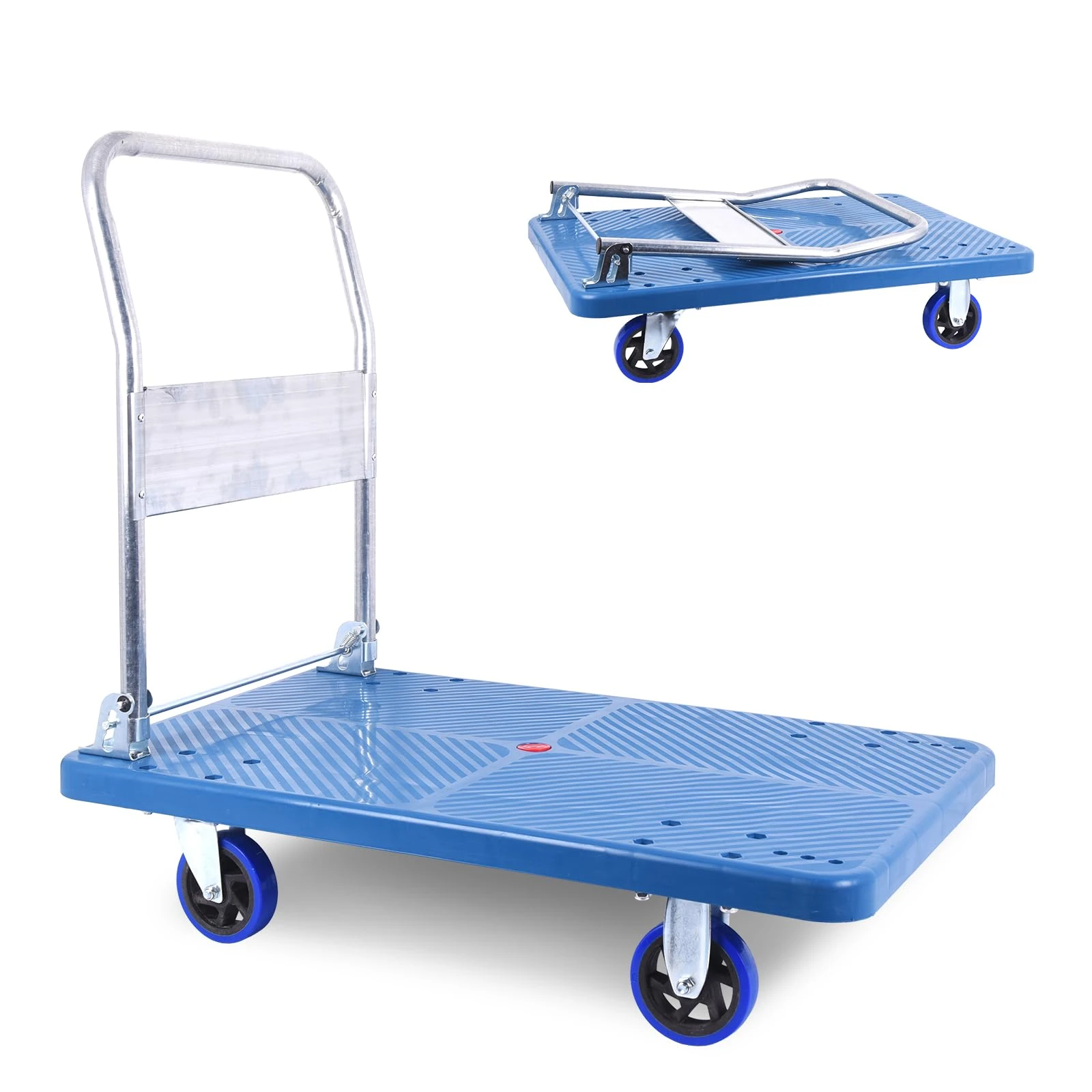 Doppy Flatbed Cart, 660lbs Heavy Duty Capacity Platform Hand Truck 360 Degree Swivel Wheels Foldable Push Hand Cart for Loading and Storage, Warehouse (Blue)