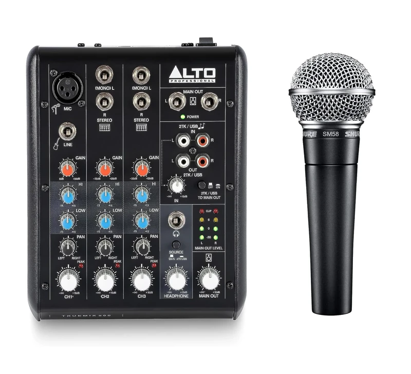 Shure SM58 Cardioid XLR Dynamic Vocal Microphone with Pneumatic Shock Mount, Built-in Pop Filter and Alto TrueMix 500 5-In Audio Mixer with XLR Mic In and USB Audio Interface